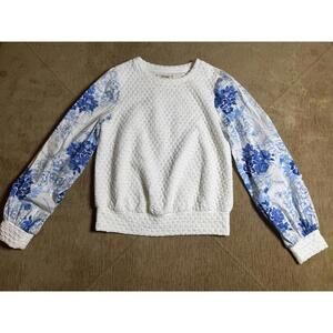 PORRIDGE Anthropologie Textured Top Pullover Women's Size XS White Blue Floral